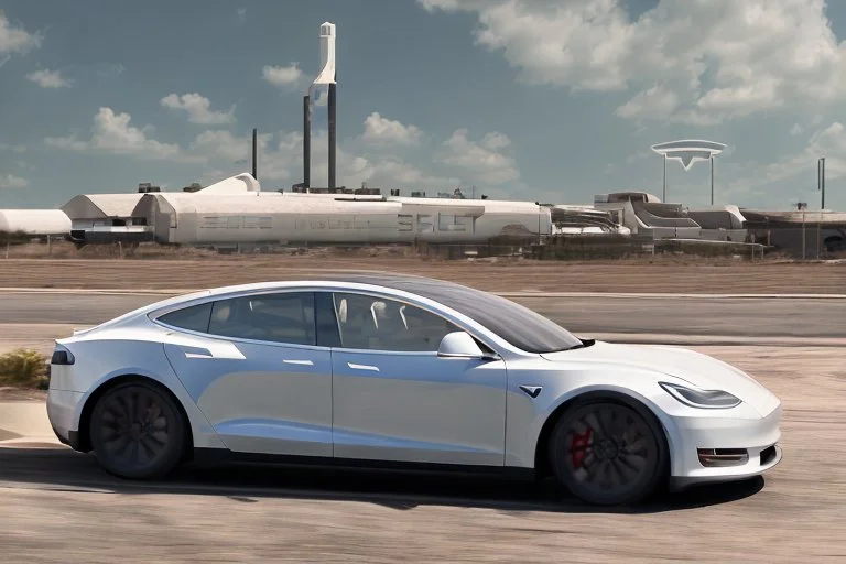 A Tesla 'Model S' is racing at top speed, in the 'Kennedy Space Center' in Florida. (CINEMATIC, WIDE ANGLE LENS, PHOTO REAL)