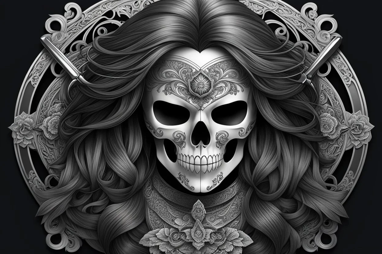 Logo skull, hair , scissors, mask, cover face in 8k tattoo artist dynamic pose, oshare kei, hurufiyya, rtx, intricate details, highly detailed, high details, detailed portrait, masterpiece,ultra detailed, ultra quality