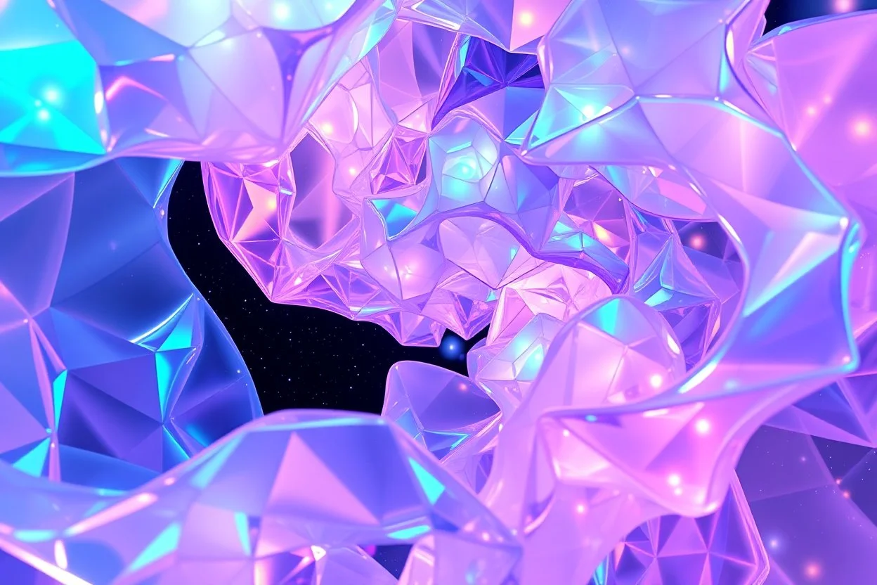 picture of create A hypnotic loop of colored translucent 3D complex structures evolving and morphing, fluid geometry shifting between organic and geometric forms, iridescent glass material with internal glow,instances must have random translucent matrial smooth camera orbit, galaxy background, seamless motion, cinematic lighting, generative art style, 4k.do with geo nodes zoom out to show whole image
