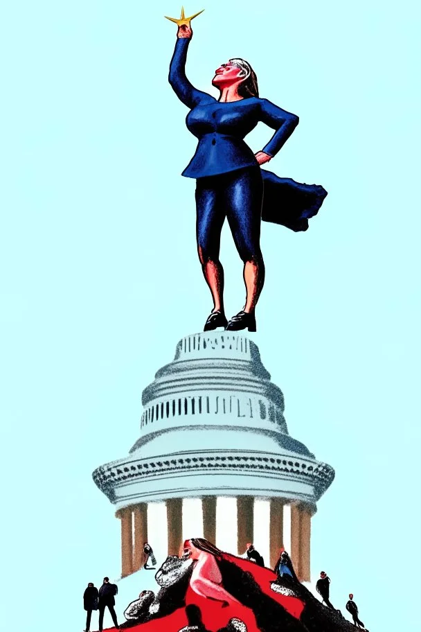 a victorious woman standing on top of trump's defeated body