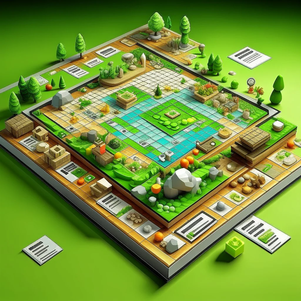 detailed 165 degree planting plan un profesional boardgame set design for a reality game with food service as from kitchen to food Lab with name "165 degree planting plan" with pixar animated background., product, 3d render, typography, illustration, knolling