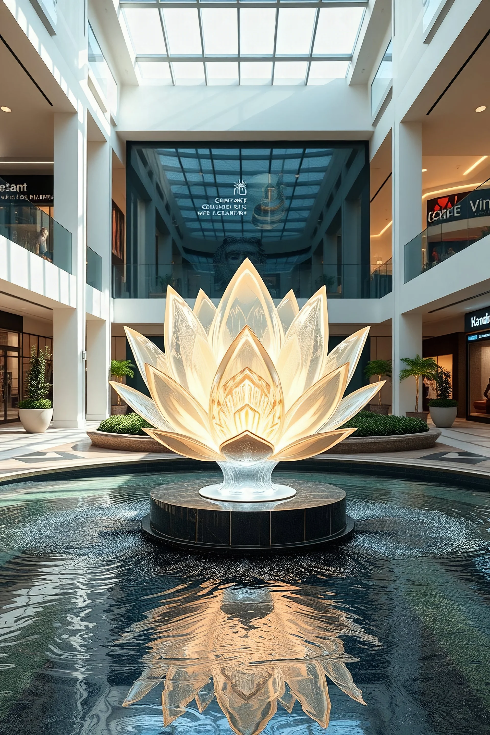 create a realistic mockup of a art installation for a mall with – A water feature with a glowing crystal lotus flower centerpiece symbolizing peace