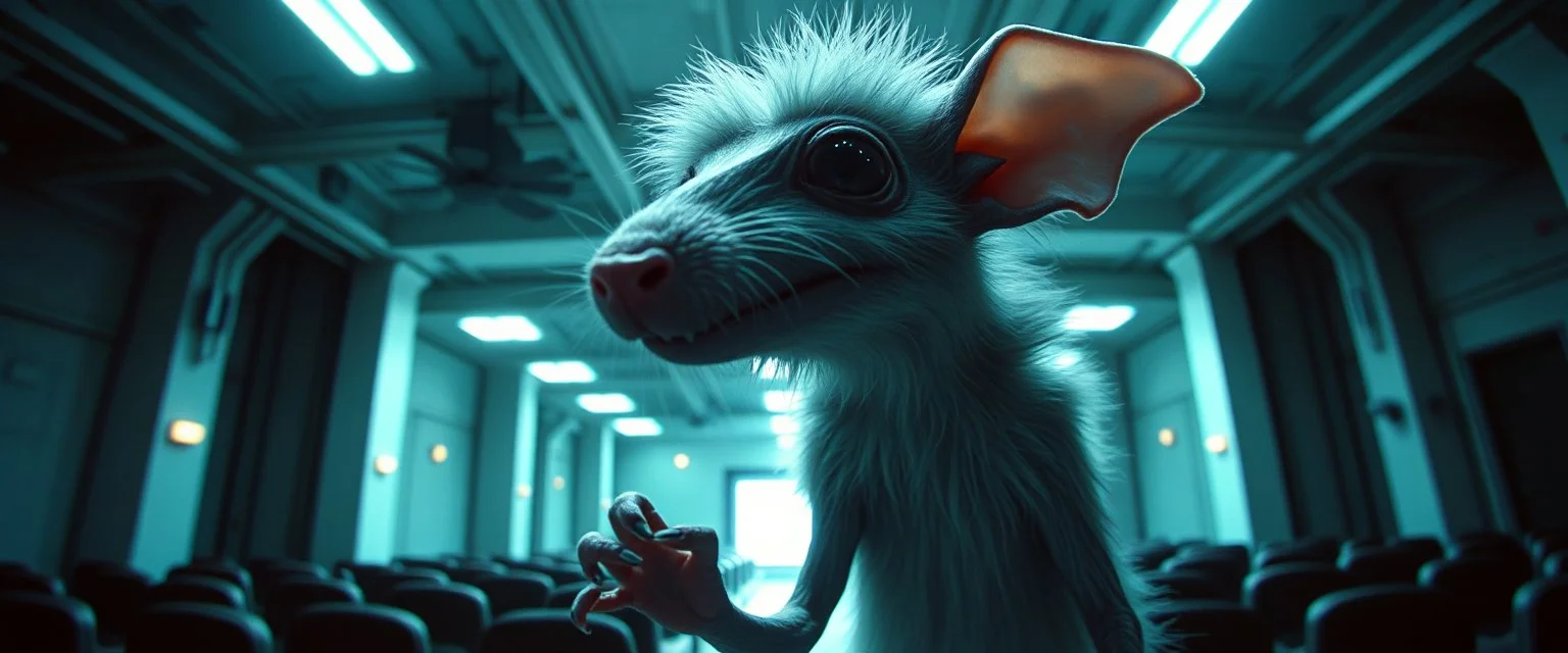 fluffy rat elf vampire scumbag in the style of Escher and Giger and Fallout 4, pinhole cam, airbrush 3d rendering, on tv screen:A five-second cinematic single take in a clean industrial presentation hall.