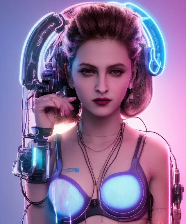 Artist, young madonna, ciborg woman, glow iris, piercings, sweet, shaved hair, blonde, white skin, long eyeliner, glow pink cheeks, glossy lips, color leds lights, cables, circuits, cyberpunk, latex coat, cyber punk, neon, portrait, studio photo, unreal engine 5, soft color, 16 bit, god lights, ray tracing, RTX, lumen lighting, ultra deatail, volumetric lighting, 3d, finely drawn, hd.