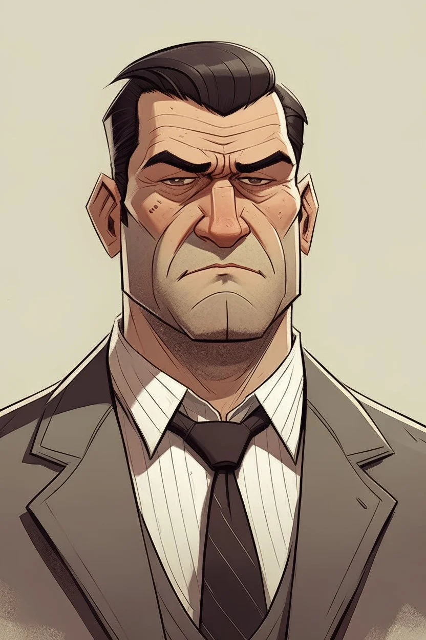 a large man, short dark hair, square head and broad shoulders; bouncer look