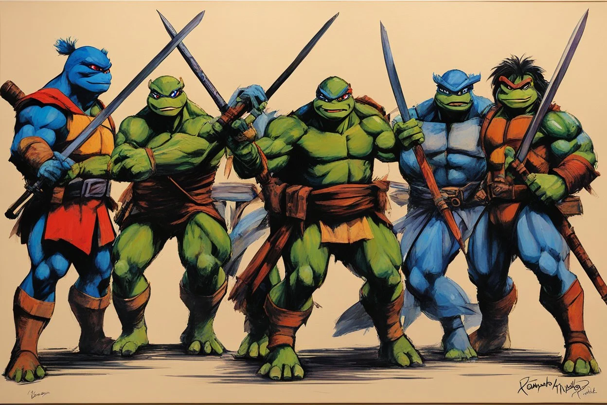 (Art by Brion Gysin), TMNT leonardo's katana, michelangelo's nunchaku, donatello's bo staff, raphael's sai, huile sur carton, 60 x 84 cm