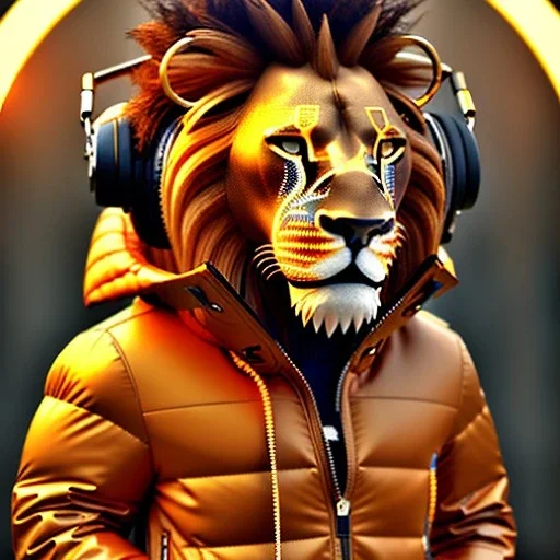 Lion toddler, smile, steampunk headphone, sunglass, gangsta neckless, full body, orange puffer jacket, tokio background, dramatic lighting, hyper realistic, unreal engine 5, 16k