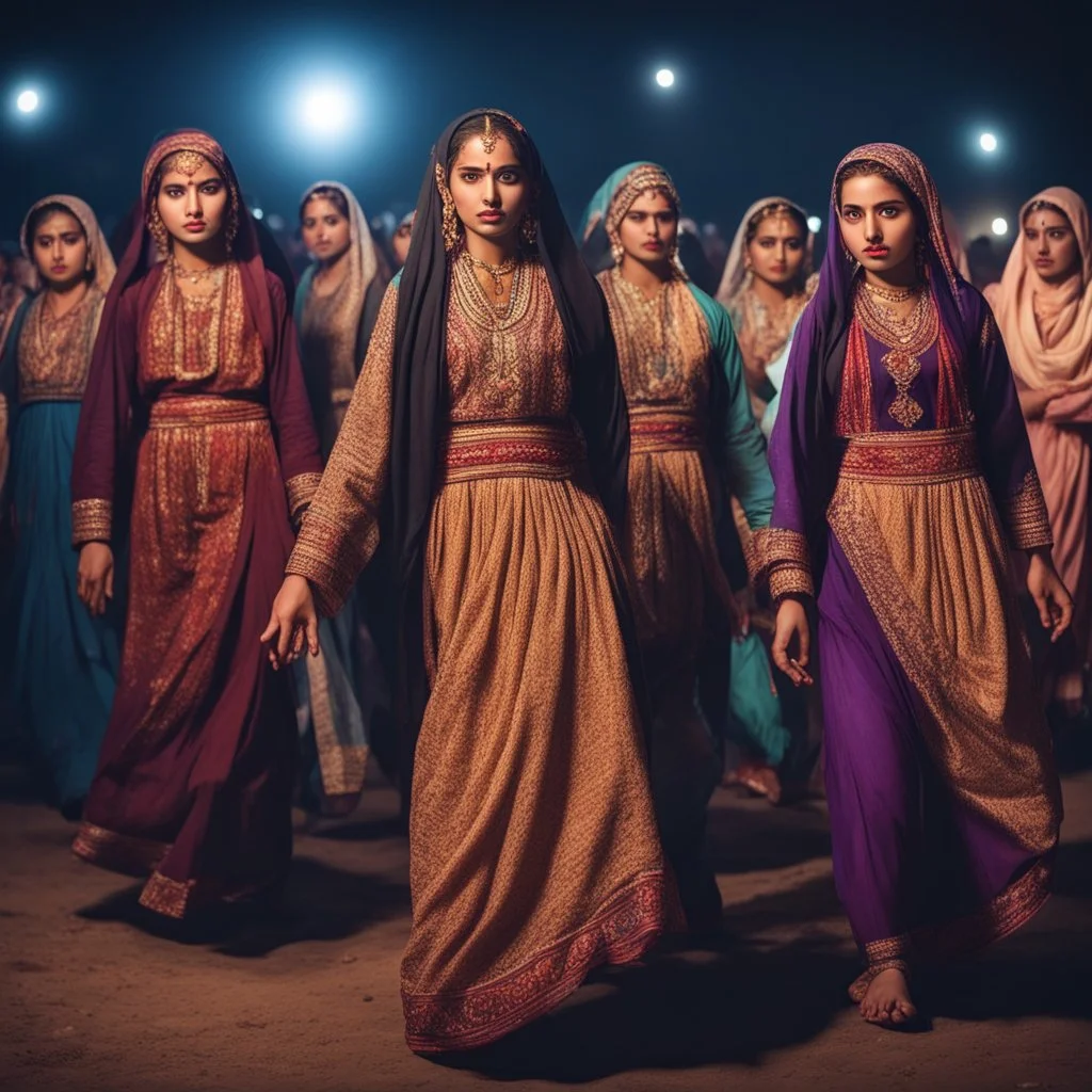 Hyper Realistic Traditional Pushto girls & women doing traditional dance & wearing traditional desi cloths at dark night in a cultural celebration with lots of other people