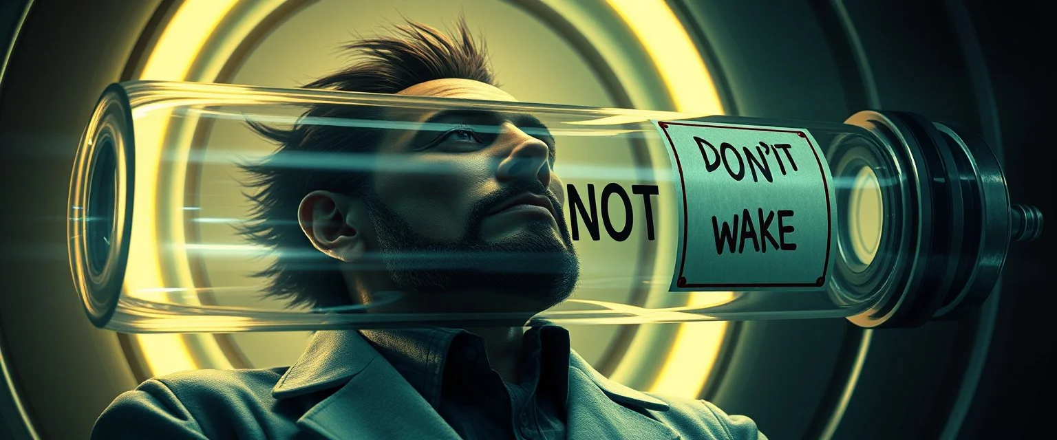 airbrush 3d rendering, mafia Doctor Vex is now officially in stasis. No experiments. No clones. No accidental galaxy-ending breakthroughs. Just a big glass tube with a sign: DO NOT WAKE — PHOTOSHOOT PENDING :) symbols
