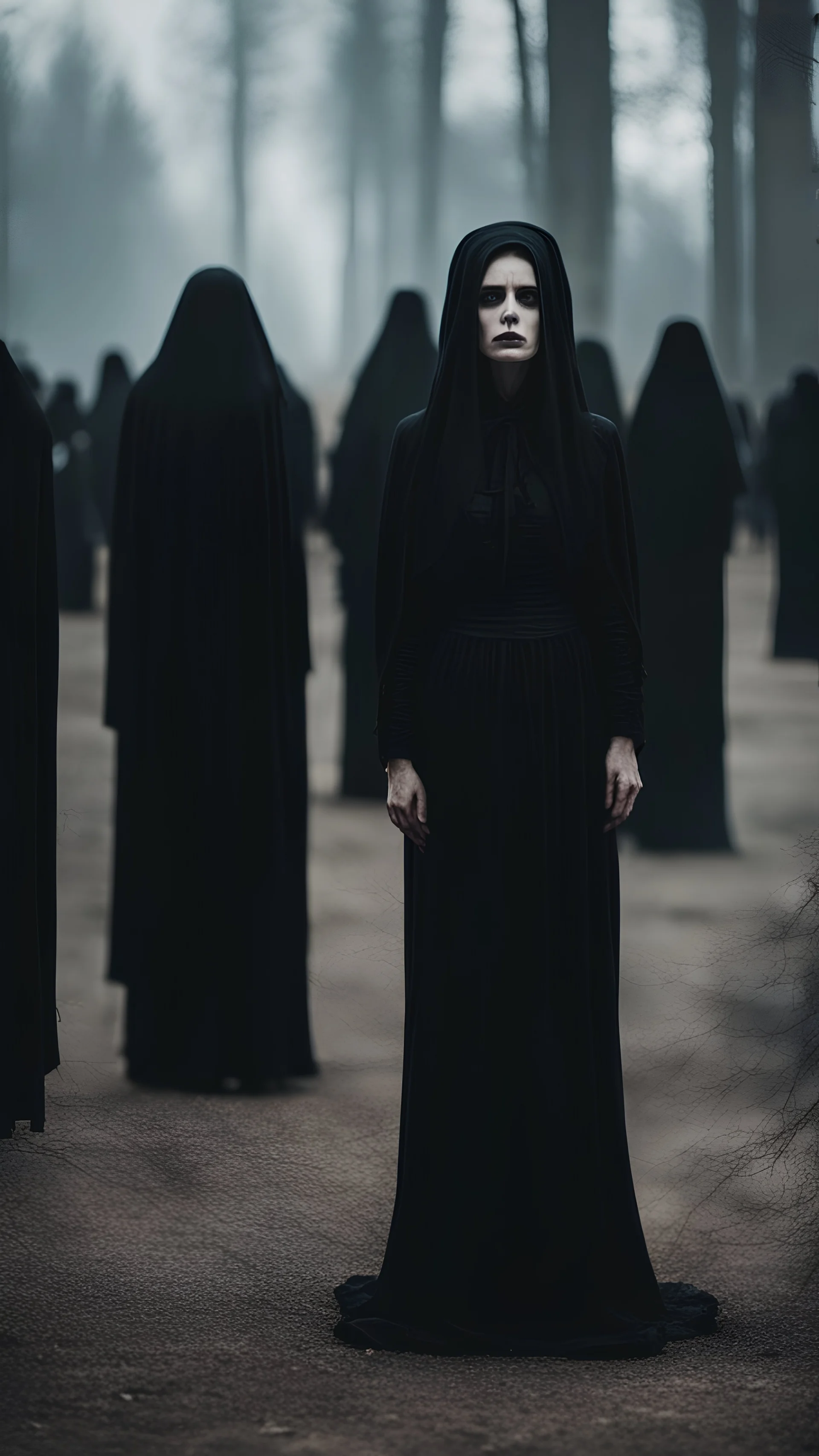 A woman in mourning stands at a funeral. Horror movie style