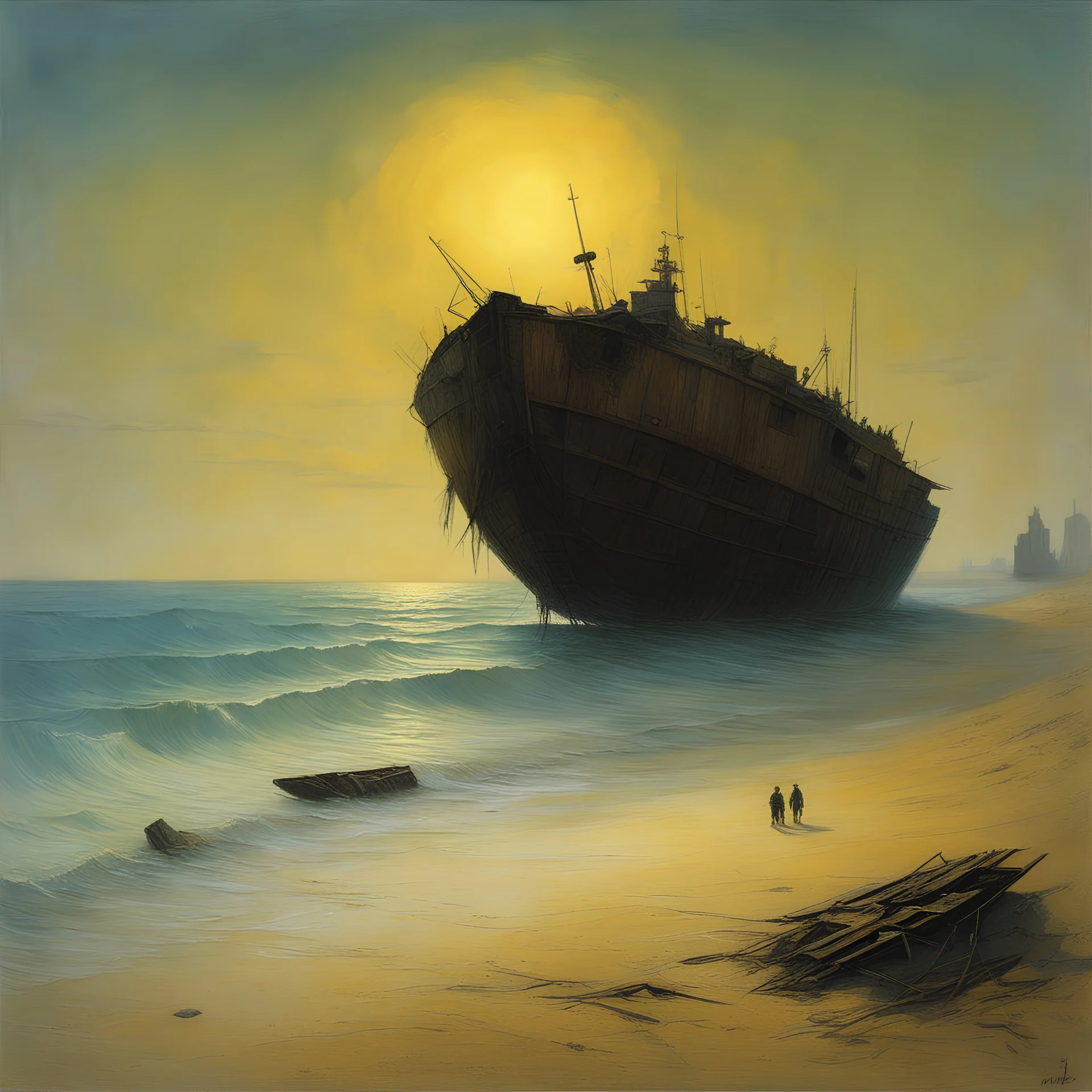 [art by Zdzisław Beksiński] Abandoned war robot wreckage on the beach, kids are approaching it from the beach in a small barque