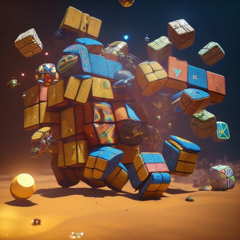 kente scene, thread, melting Rubik's cube, flying symbol, steampunk floor, embroidery, octane render, high detail