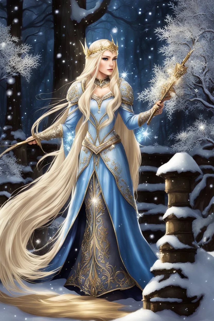 Elven princess,elven crown,long white blonde golden hair,rapunzel hair,ice flowers,beautiful,light blue,dark blue,golden armor,sparkle,glitter,ice flowers,snow,elven ears,dark fairy princess