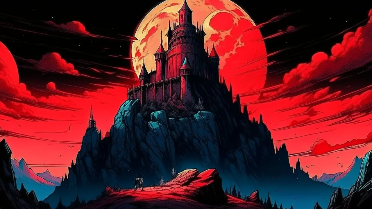 Render in vibrant comic style: a towering castle perched atop windswept cliffs, its jagged stone figure bathed in the cinematic crimson glow of a giant, imposing red harvest moon. Stars prickle the indigo sky, flickering witnesses as sinister shadows creep and coil through cobbled corridors and open arches. Integrating ominous undertones and dramatic contrasts, embody the castle's majestic allure and haunting mystery.