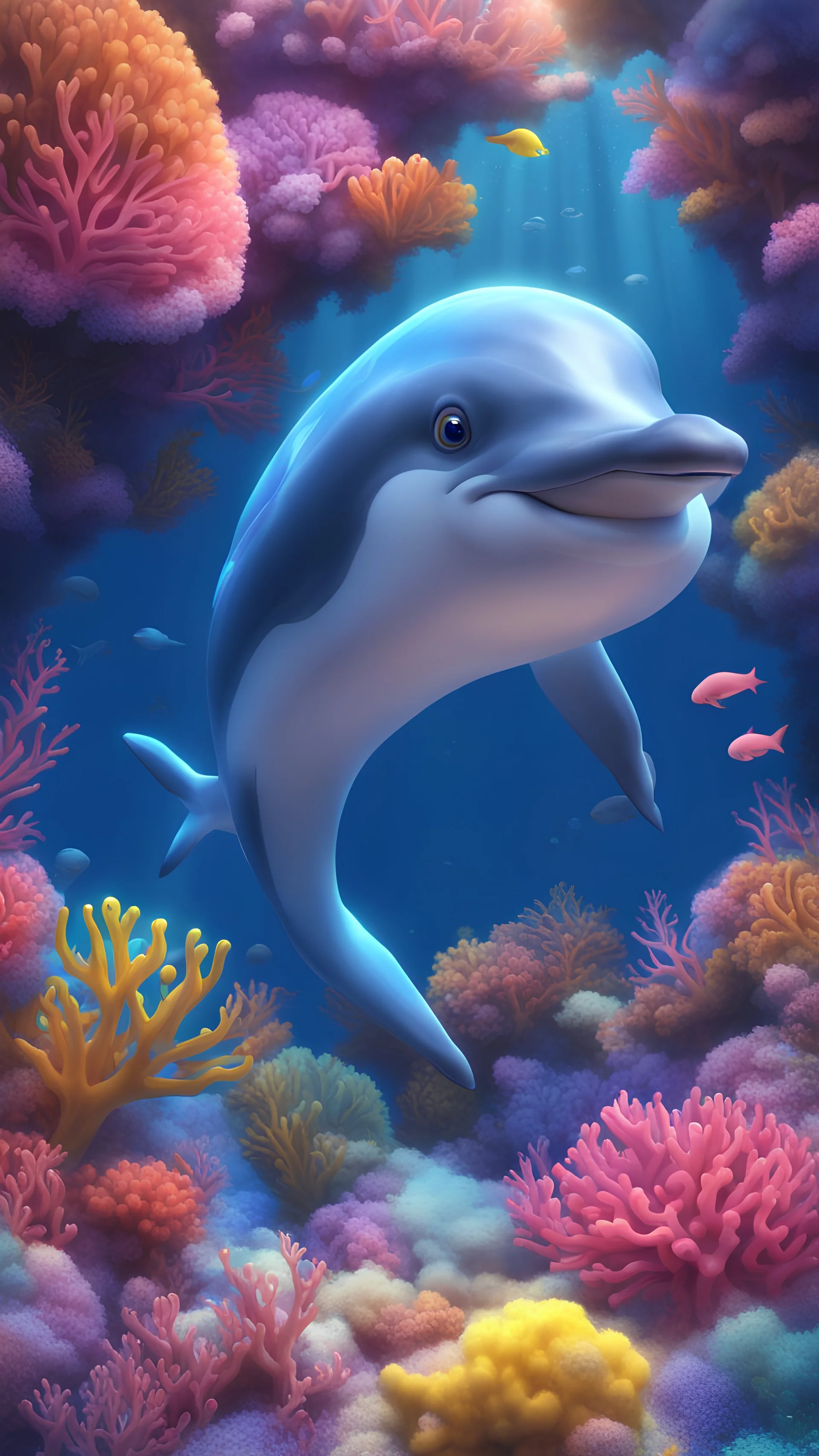 Kawaii, Cartoon, one cute dolphin in the ocean floor with bright colorful corals, All body, with sweet cute eyes, two fins and a perfect dolphin tail , blue and pink and yellow fluorescent lighting, Caricature, Realism, Beautiful, Delicate Shades, Lights, Intricate, CGI, Botanical Art, Animal Art, Art Decoration, Realism, 4K , Detailed drawing, Depth of field, Digital painting, Computer graphics, Raw photo, HDR