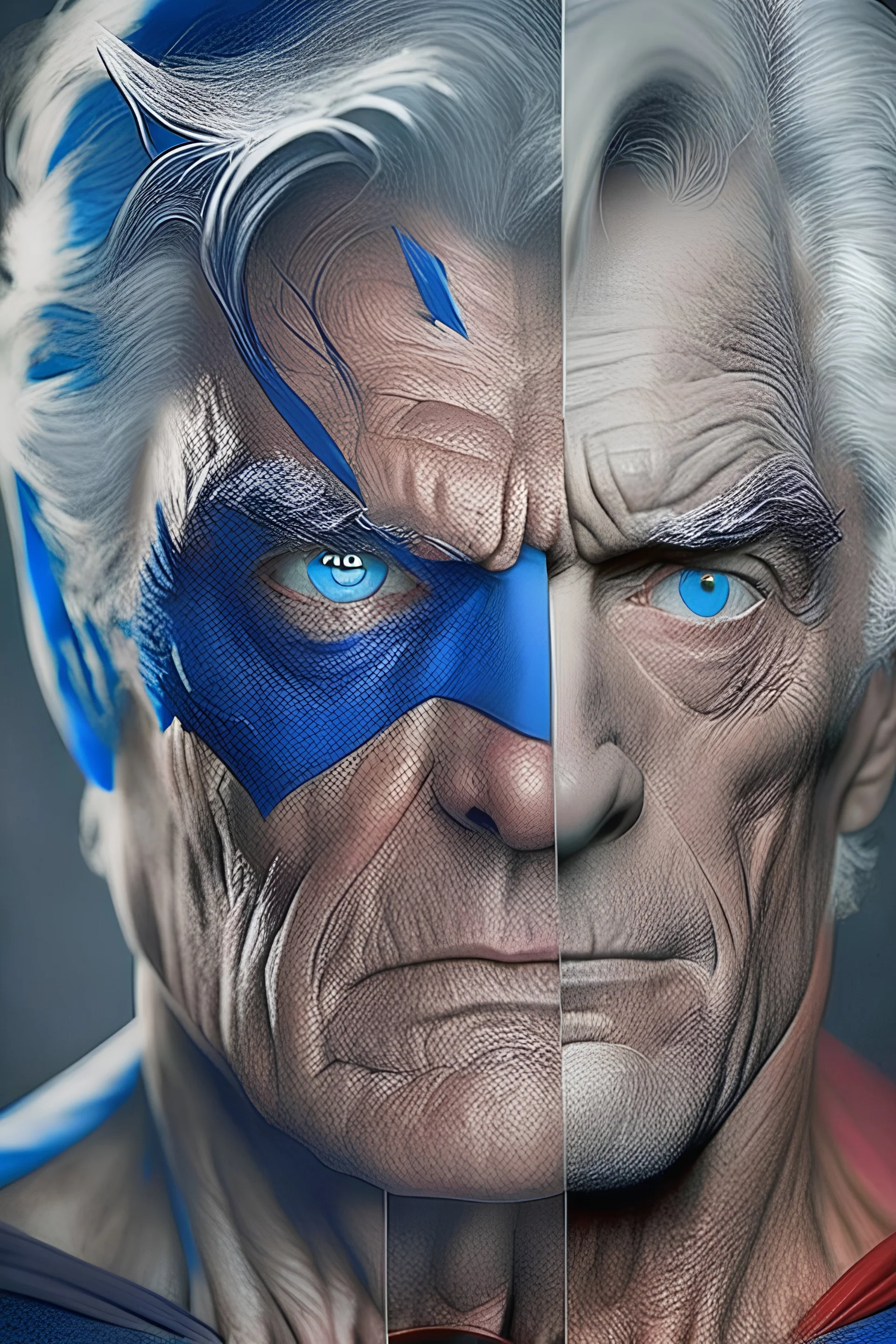 superman with batman old faces and gray hair with big blue eyes