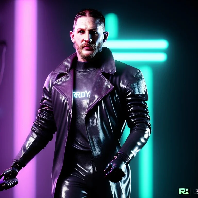 Actor, tom hardy, blade runner style, rain, fog, neon ambient, gradient color, clean skin, circuits, latex coat, cyber punk, neon, tubes, portrait, studio photo, unreal engine 5, smooth color, 16 bit, god lights, ray tracing, RTX, lumen lighting, ultra deatail, volumetric lighting, 3d, finely drawn, hd.