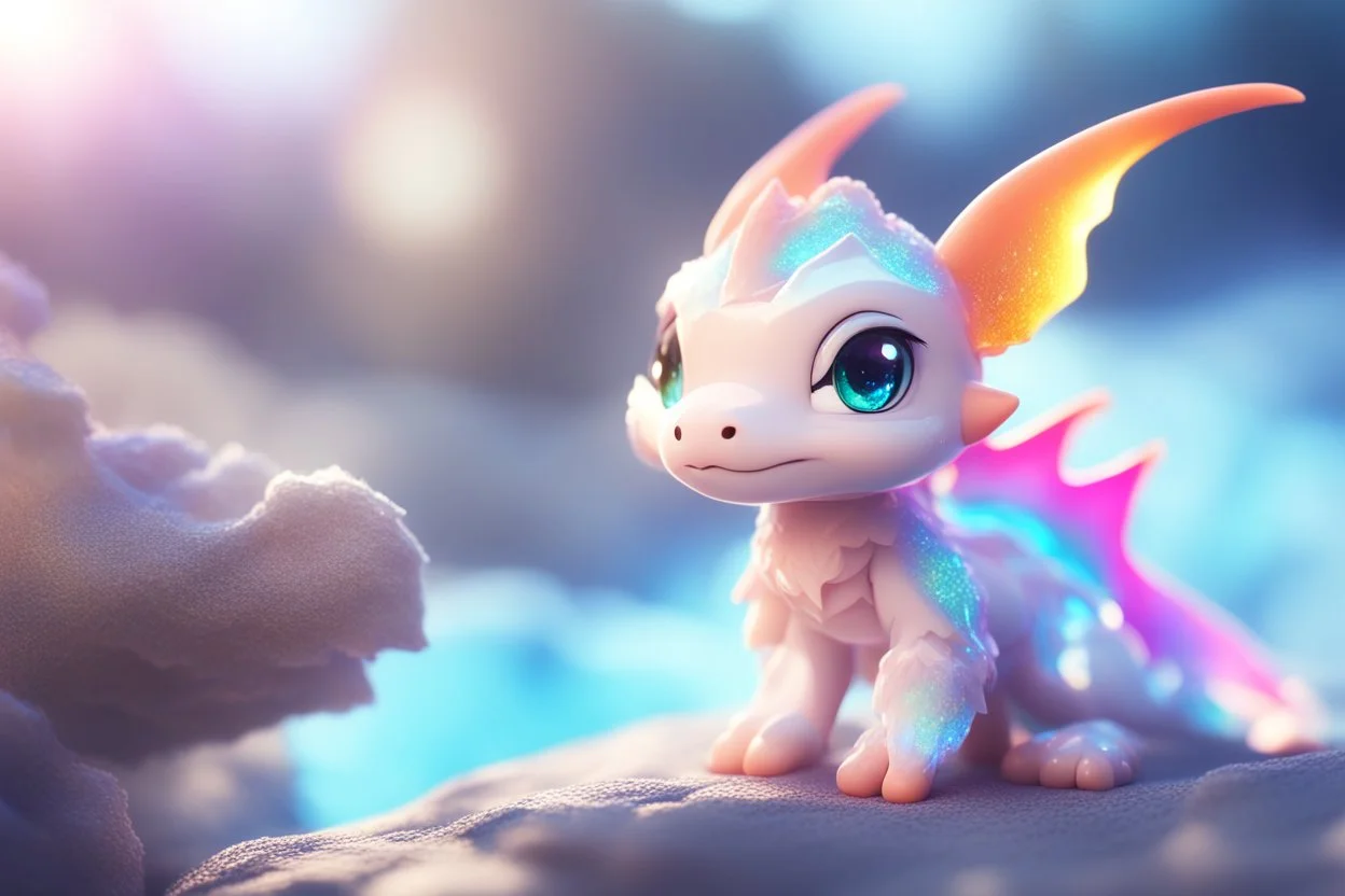 cute chibi anime little dragon, holographic, transparent sparkling crystal mountains in sunshine, ethereal, cinematic postprocessing, bokeh, dof