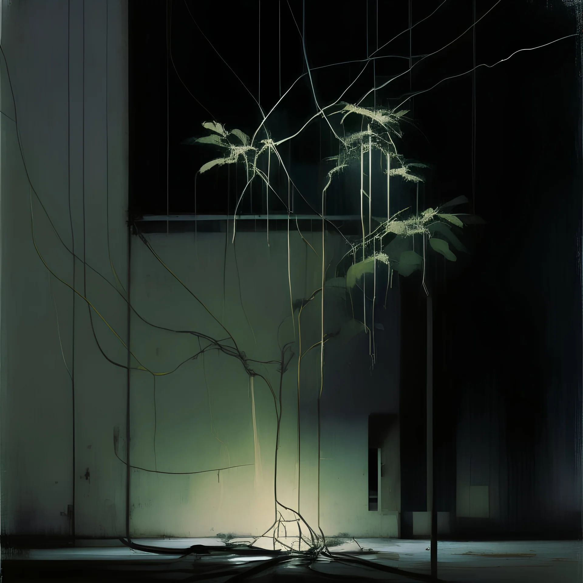 Minimal abstract oil painting of a plant in concrete warehouse brutalist architecture and hanging wires illuminated at night.In the style of Justin Mortimer and Phil Hale, Ashley Wood