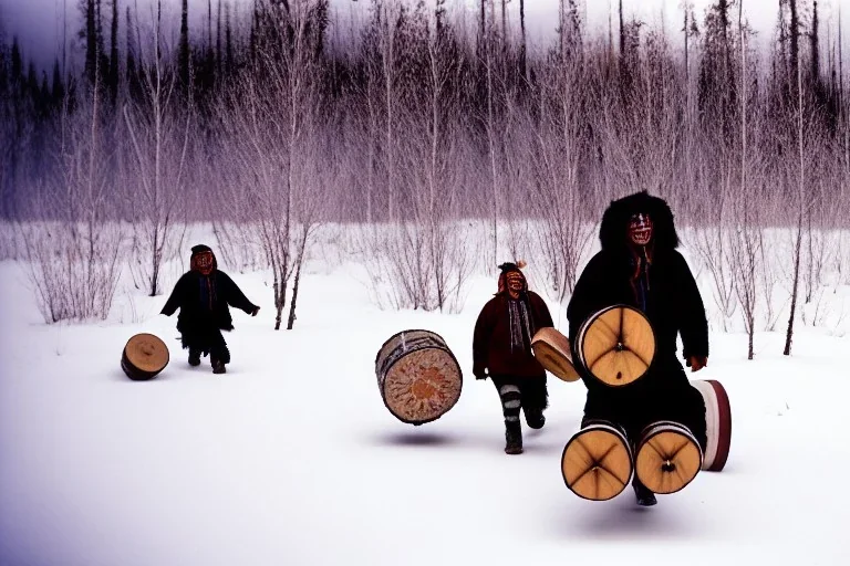 Northern Native man with haunted kids running in the background, indigenous, birch-bark face-cover, Kekripukki, carrying drums made of birch-park, Scary Horns, Midwinter, Ghost, Mystic, Haunted Children, The children are dead, Witch, Wizard, Sage, Traditional Costumes, Full Face Painted colorfully. Arctic Hills, Strange trees, Haunting Atmosphere, Crazy, North-Carelia, Karelia, Karjala, Karjalainen, traditional Carelian costumes, black tears,