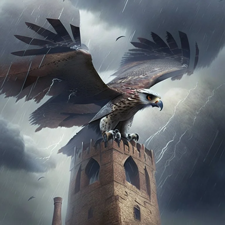 Flying around the ancient tower, I am a falcon in a storm