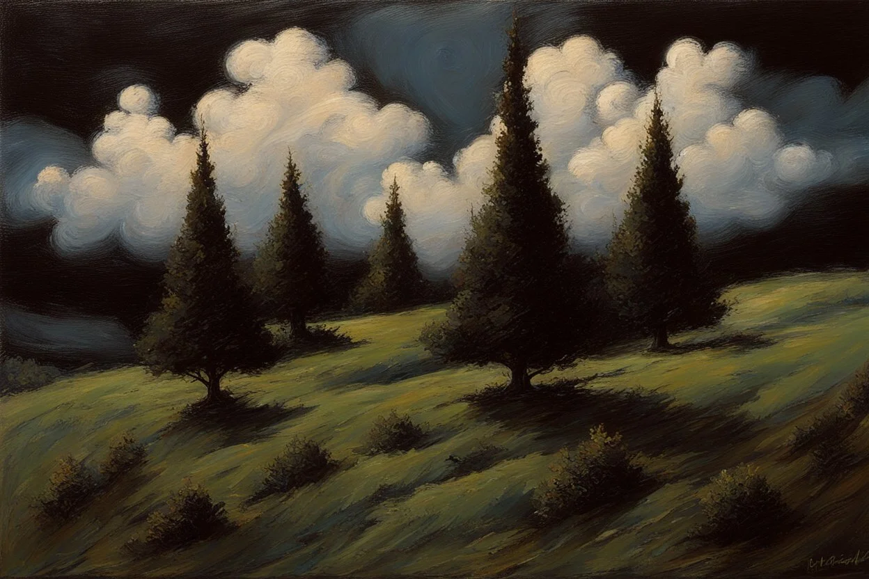 Trees, clouds, 2000's gothic films influence, otto pippel impressionism painting