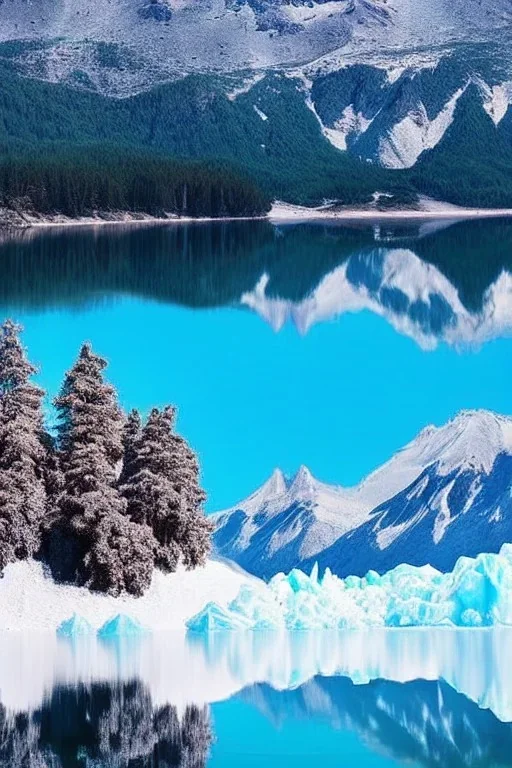 mountain made of ice-cream, lake, trees, mystical, romanticism, dream like,