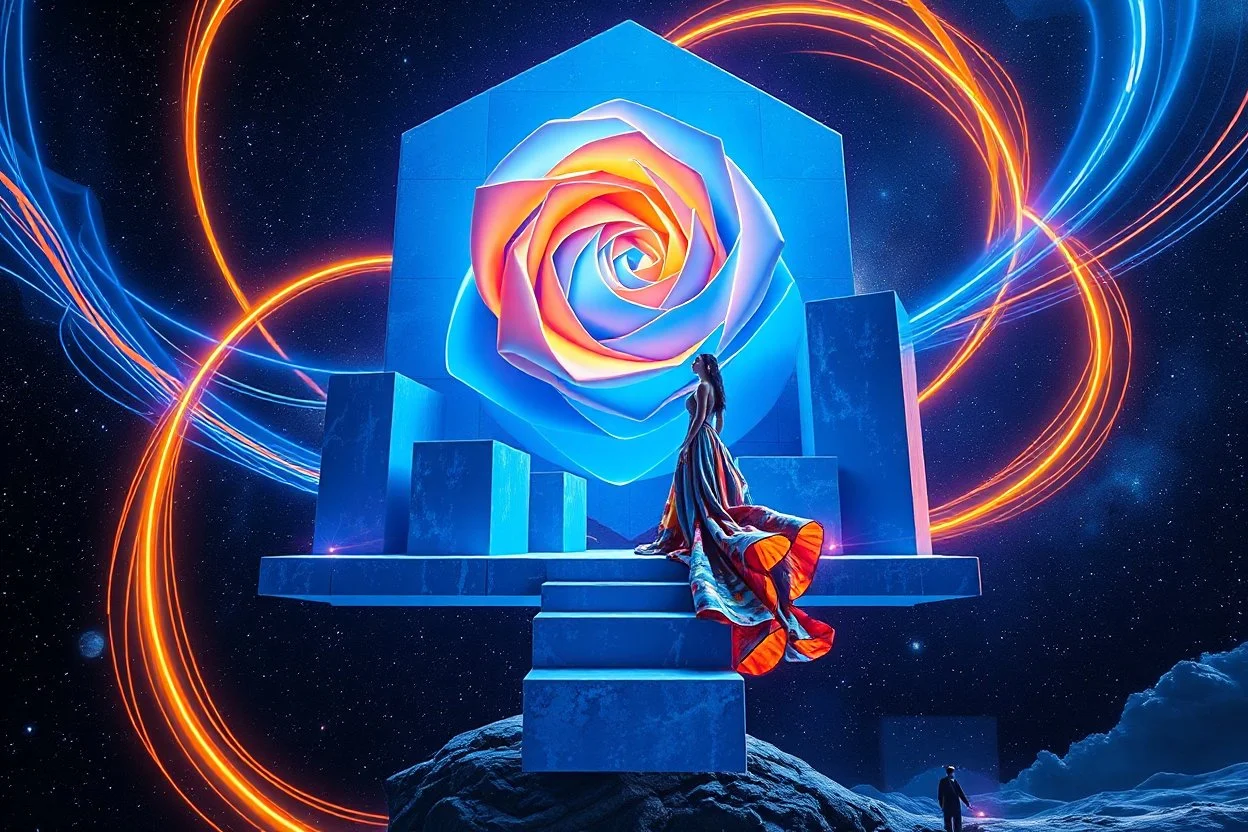 A surreal cosmic architectural composition featuring an elegant woman in a flowing multicolored gown standing at the center of an abstract floating structure in deep space. The structure is composed of geometric blue cubes and blocks arranged in an artistic formation, adorned with massive glowing spiral rose shapes in vibrant orange-gold and electric blue colors. Dynamic light trails and energy ribbons swirl around the composition in neon blue and warm orange tones. The background features a sta
