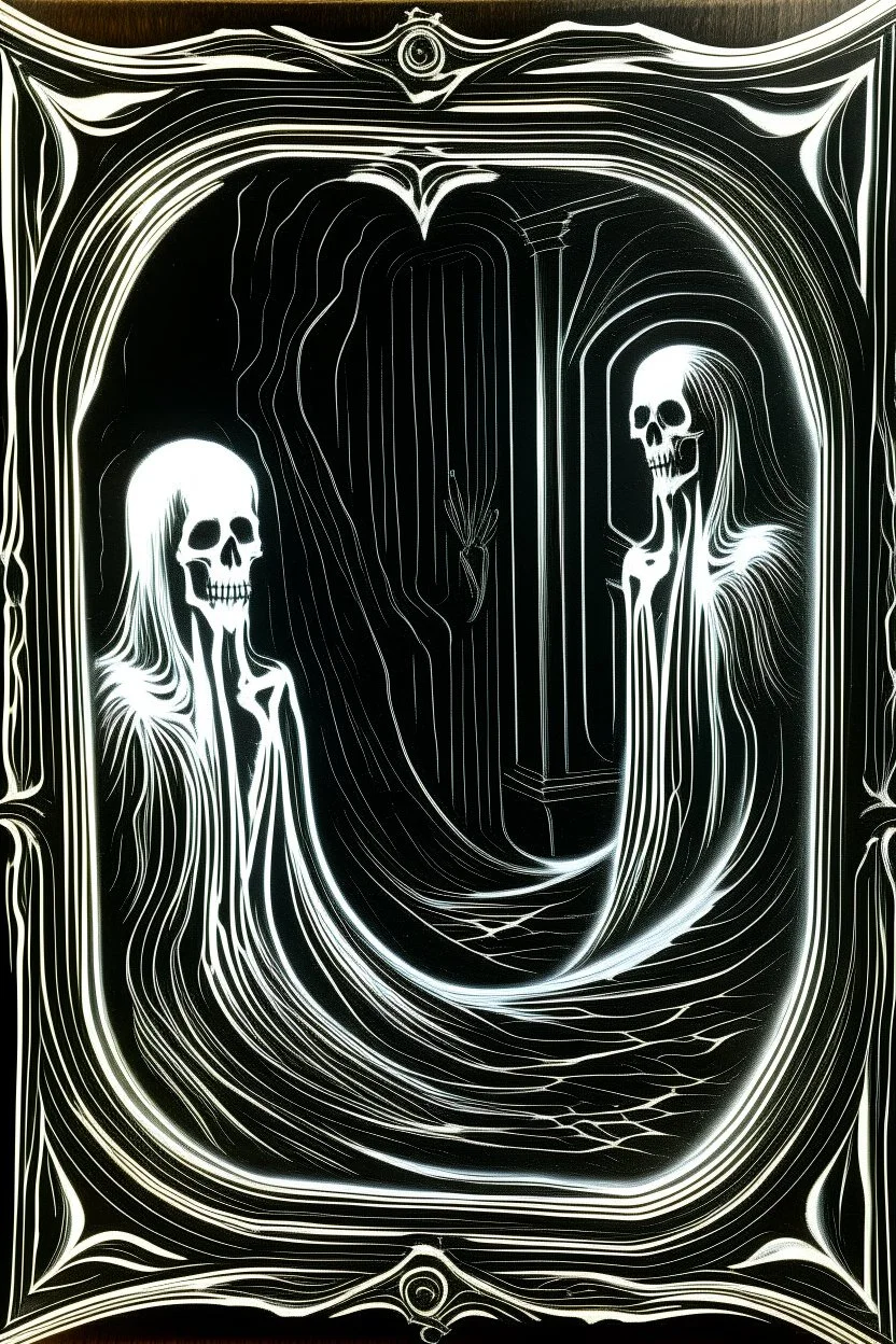 Linocut ghostly apparition in mirror