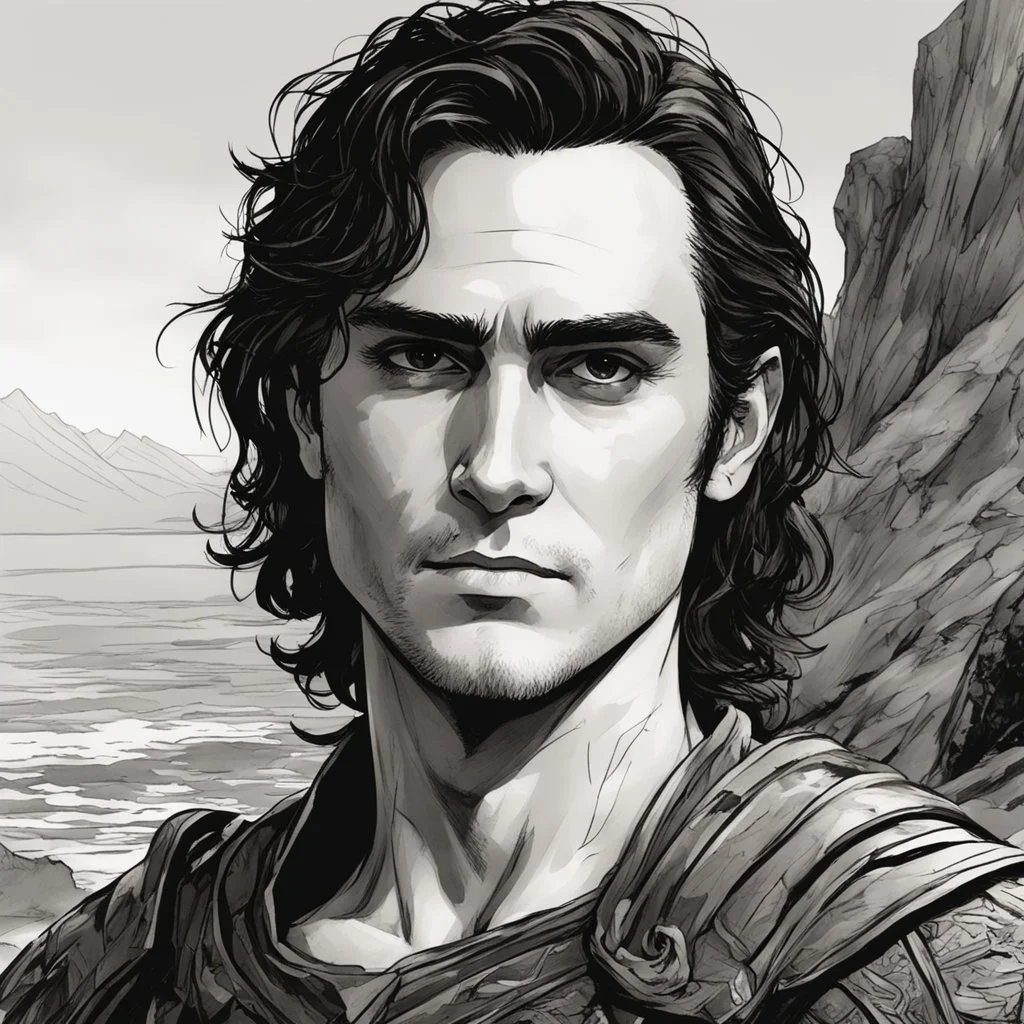 A portrait of Joaquin Phoenix in his early 30s, long beachy haircut, black hair, on a rocky island, in ebony armor from Skyrim, melancholic and dangerous facial expression, half-smiling, drawn in the style of ink manga sketch