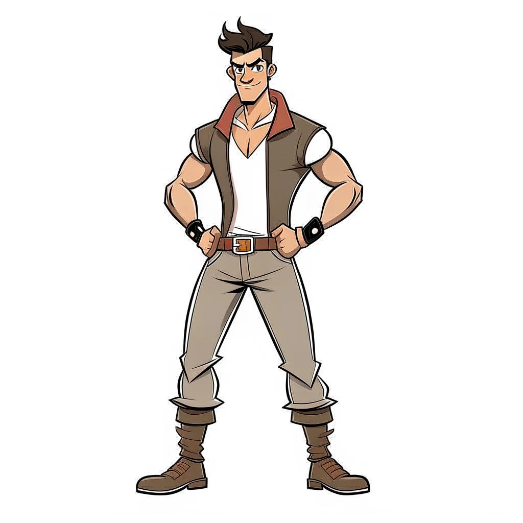 game charachter design, his name is Paulo, Brazilian, hands, full body, simple, muscled,red jacket, perfectly drawn, detailed, no background,centered