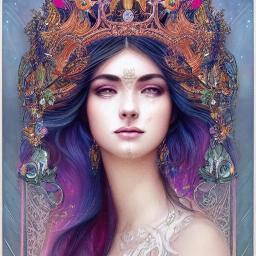 portrait,"Insanely detailed photograph of a beautiful Queen of the light Goddess,gorgeous clean face, highly intricate dress,intricately designed colorful stainedglass decorations in hair,ominous,elegant, highly detailed hair, digital painting, artstation, concept art, smooth, sharp focus, illustration, art by artgerm and greg rutkowski, alphonse mucha,Dan witz, 8 k,looking downward,album cover art,fantasy