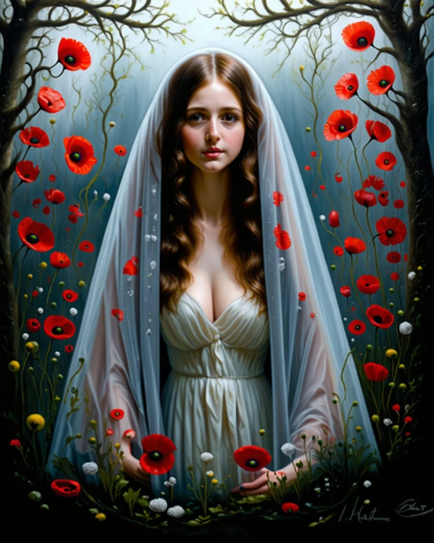Pre-Raphaelite, chiaroscuro visibly textured oil painting young, Ultra-realistic, hyperrealistic, ethereal and naturally beautiful, alluring young Hyperrealistic Octane render of a mystical maiden cloaked in a translucent veil embroidered with crimson poppies and ash-gray vines, glowing softly. Dark enchanted garden in background, delicate silver thread, whimsical textures, surreal post-impressionist impasto acrylic layer cinematic shadows and maximalist. intricately detailed