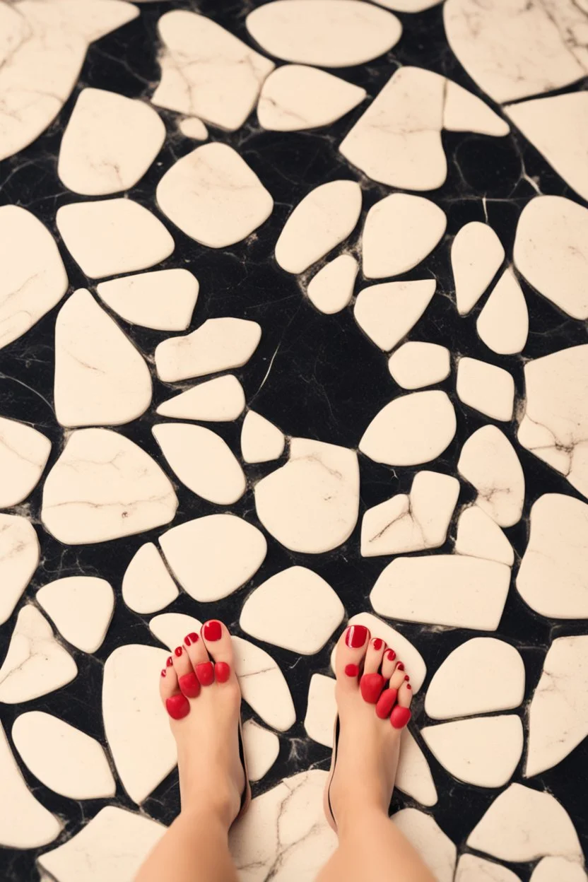 perfect picture of a woman's 5 toes with marble floor as background and red nail polish