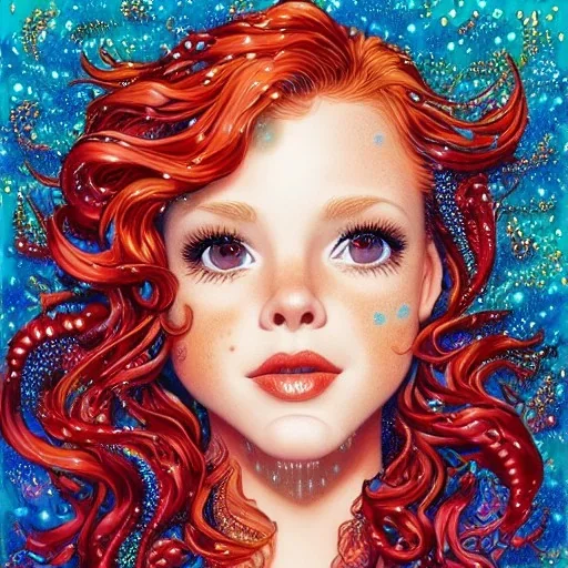 Robyn Lively, her striking perfectly detailed clear eyes, her perfect, precisely detailed lightly freckled face, meticulously detailed long curly multi-hued ginger carrot cherry fire red hair, luminous colorful sparkles; by james r. eads, gawki, rajewel, tania rivilis, dan mumford, lisa frank, artgerm, greg rutkowski, alphonse mucha and william-adolphe bouguereau; glitter, airbrush, octane render, volumetric lighting, 16k, photorealistic digital painting, artstation, smooth, sharp focus