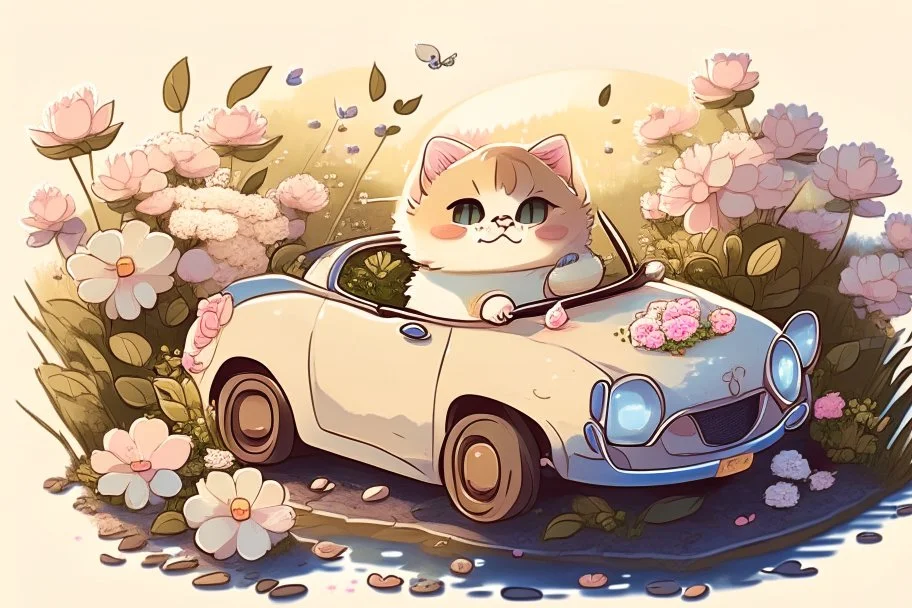 a cute proud chibi fluffy beige cat driving a car made of flower buds: roses, forget-me-nots, hydrangeaes on a cobblestone road in a forest next to a pond in sunshine