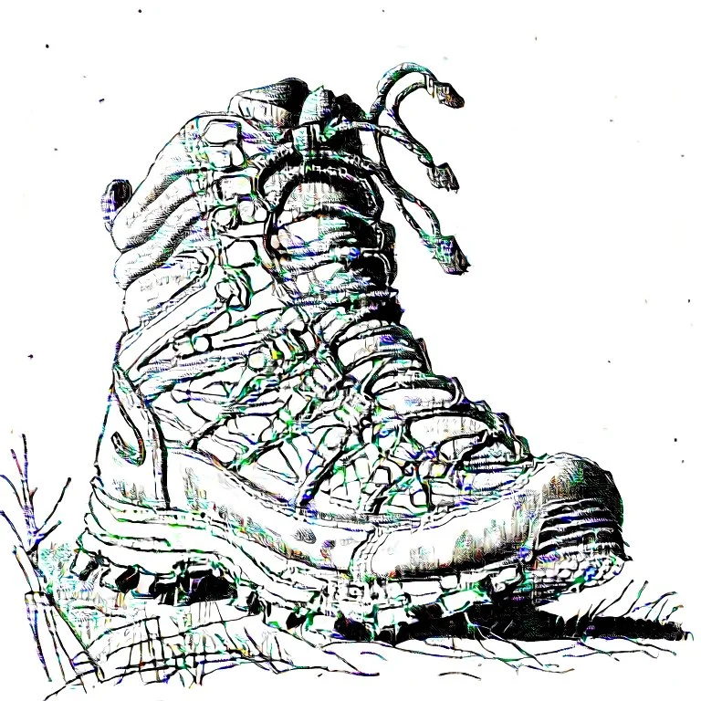 a black and white scribble sketch of a hiking shoe, detailed