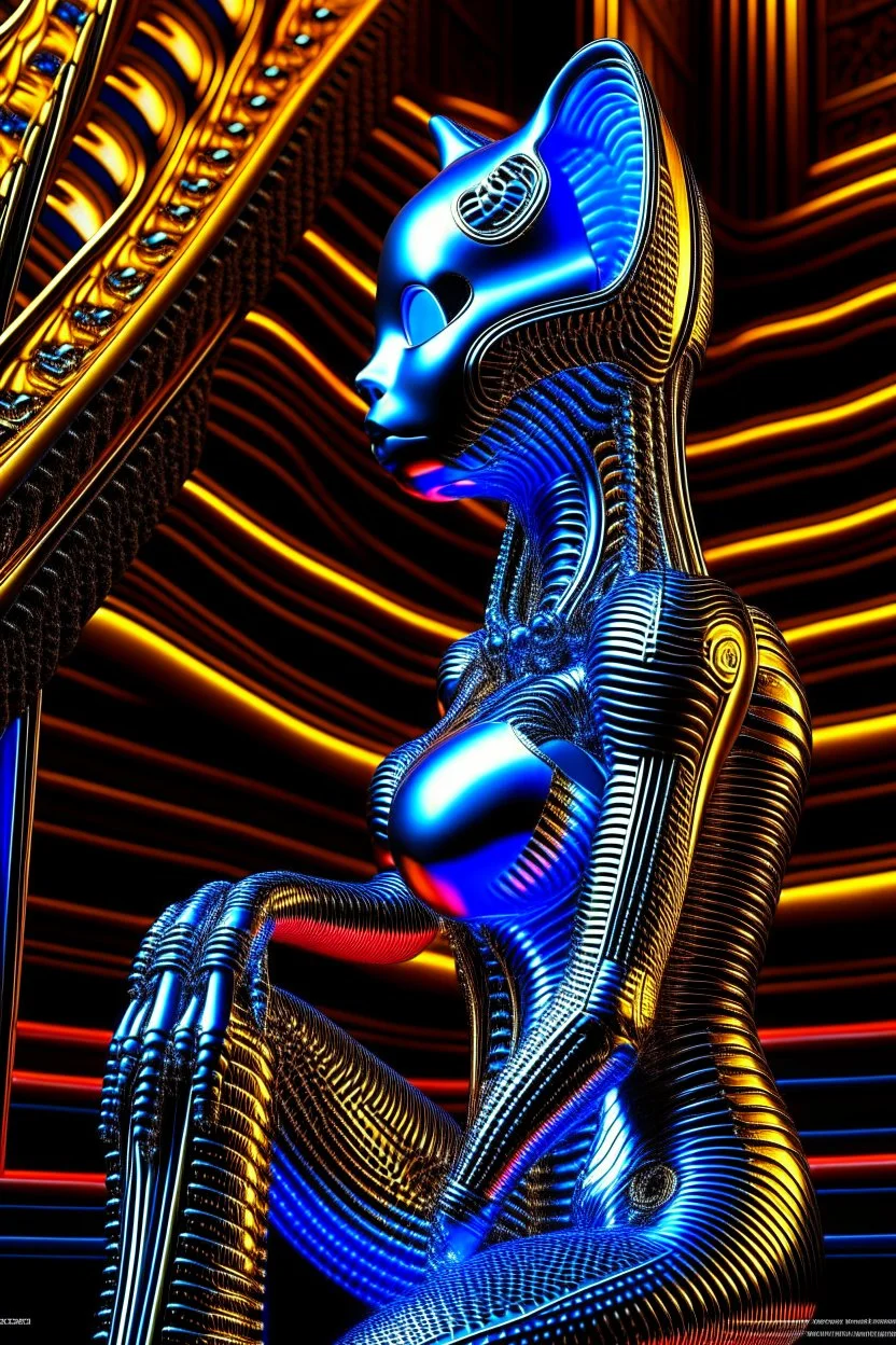 chrome chat robot cat woman smiling online in the style of escher and giger, spray paint, photo realism, trending on art station, 8k, depth of field, down light, light rays, volumetric, reflective spiral staircase, blue, brown and orange