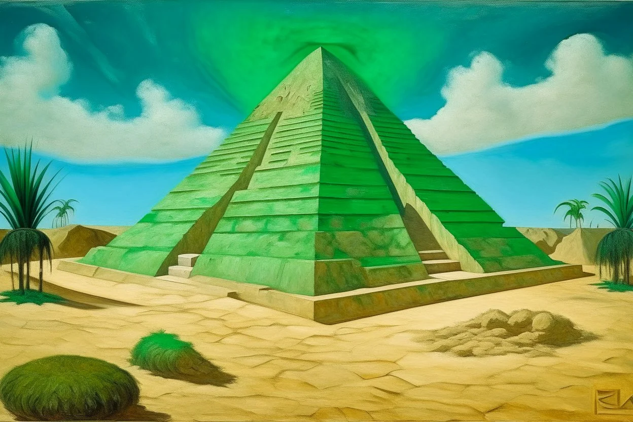 A green pyramid surrounded in sand designed in Mayan architecture painted by Edvard Munch