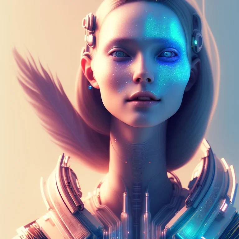 A beautiful portrait of a cute cyberpunk woman happy smiling, grain on the skin, blue and orange color scheme, high key lighting, volumetric light high details with white stripes and feathers full length clean art NFT, soft lighting, soft pastel gradients, high definition, blender 3d cinematic, op art, visionary art, sacred geometry, fractal, white balanced