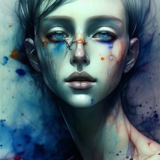 singer Danish <MØ> face, watercolor illustration by <agnes cecile> <Yoji Shinkawa>, darkblue tones,painted <Renaissance> style,