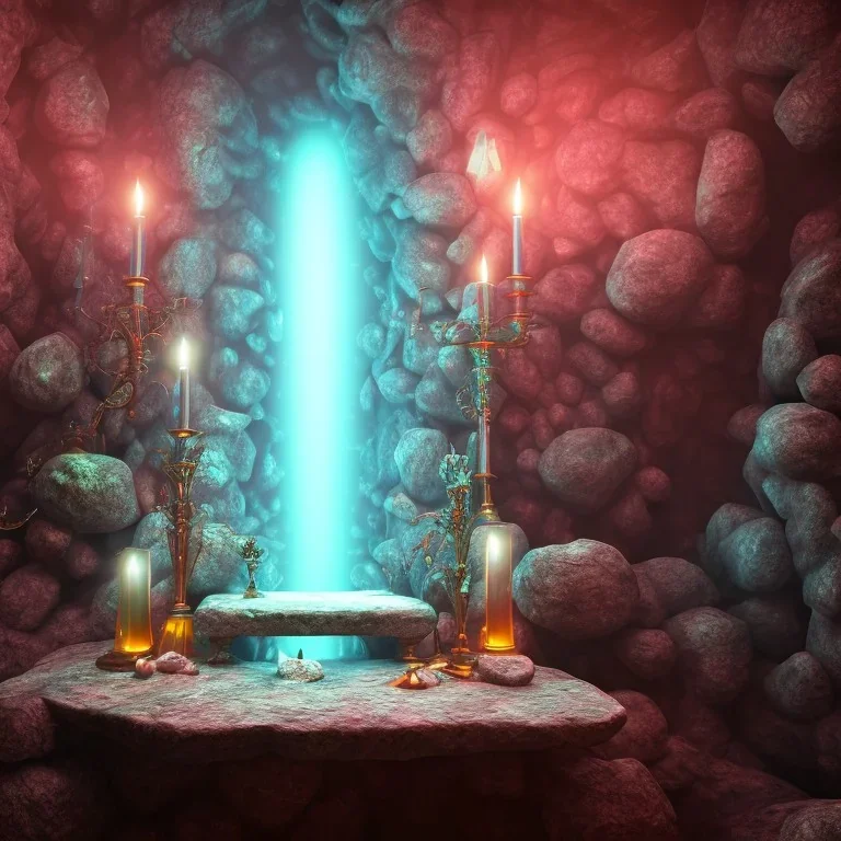 transparent crystal, on an altar in a foggy cave, cinematic,turqoise, bright light colors