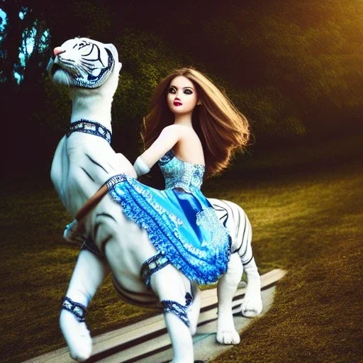 a beautiful sourceress,doll like, riding a white tiger, dressed in a intricate blue dress, looking in camera, high definition, futuristic style
