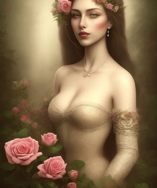 portrait borders Princess with big bobs long hairs black eyes no top with roses