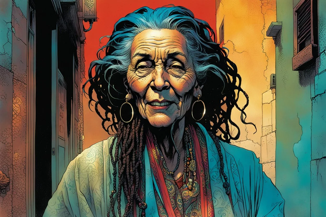 create an imaginative print illustration of an aged and withered female, ornately dressed Moroccan sorceress with finely detailed facial features, short dreadlock hair, in the backstreets of Casablanca, in the comic book art style of Bill Sienkiewicz, Mike Mignola, and Jean Giraud Moebius, finely textured, drawn, colored, and inked