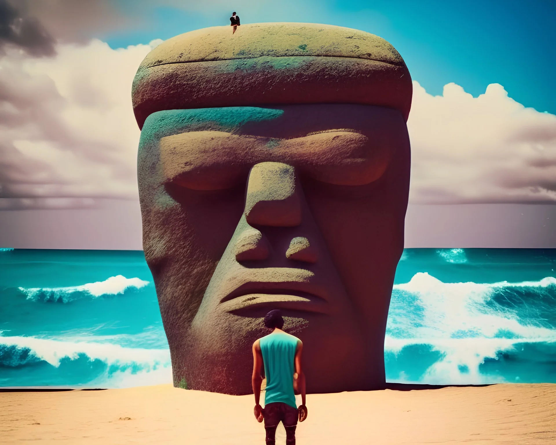 misfit crew in foreground on lush tropic beach men of renown giant god unknown olmec heads 100 story stone statue towering over martian isthmus in lagoon ocean surf photo real scifi fnatasy adventure cinema screen ratio