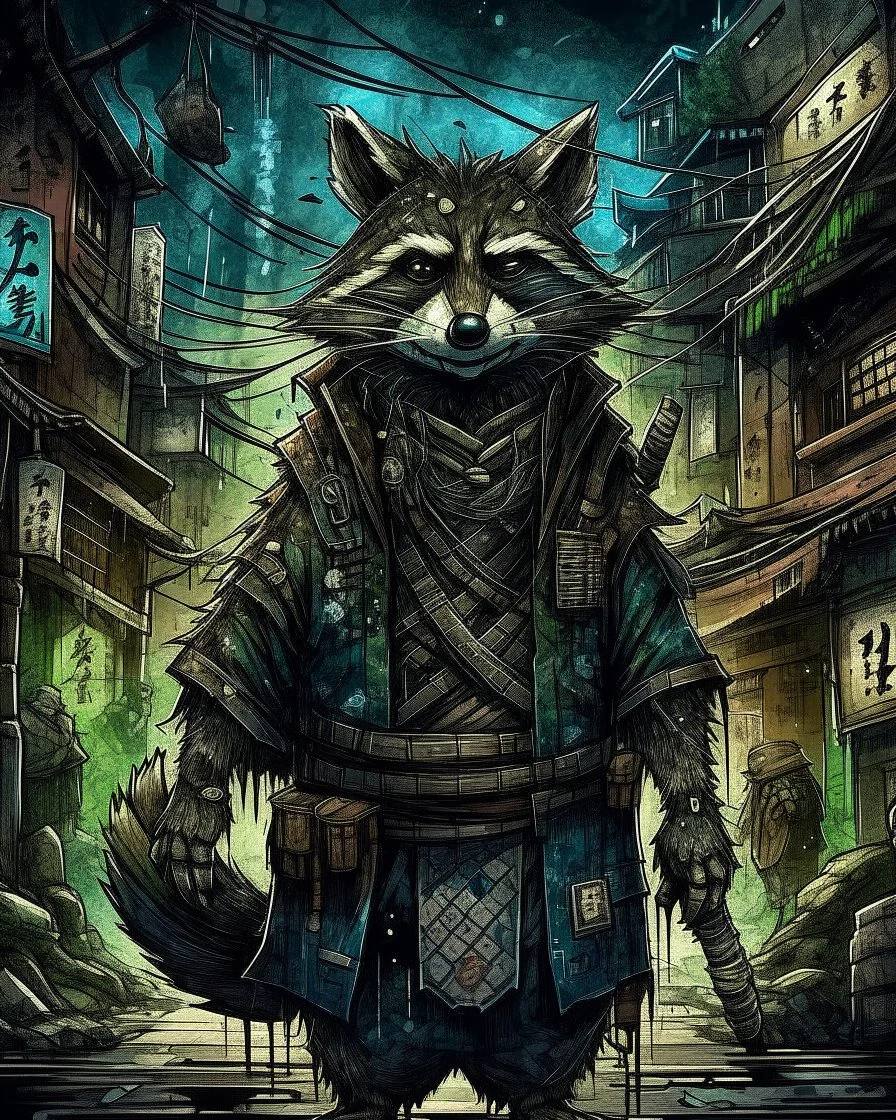 highly detailed concept illustration of an alternate reality ancient China samurai racoon wanderer in dark street, maximalist, highest resolution, in the styles of Alex Pardee, Denis Forkas, and Masahiro Ito, boldly inked, 8k, coarse, gritty textures