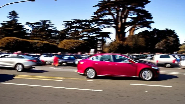 A Tesla's 'Model S Plaid' is racing at top speed, across the 'Golden Gate Park', in San Francisco. CINEMATIC. WIDE ANGLE LENS. PHOTO REAL.