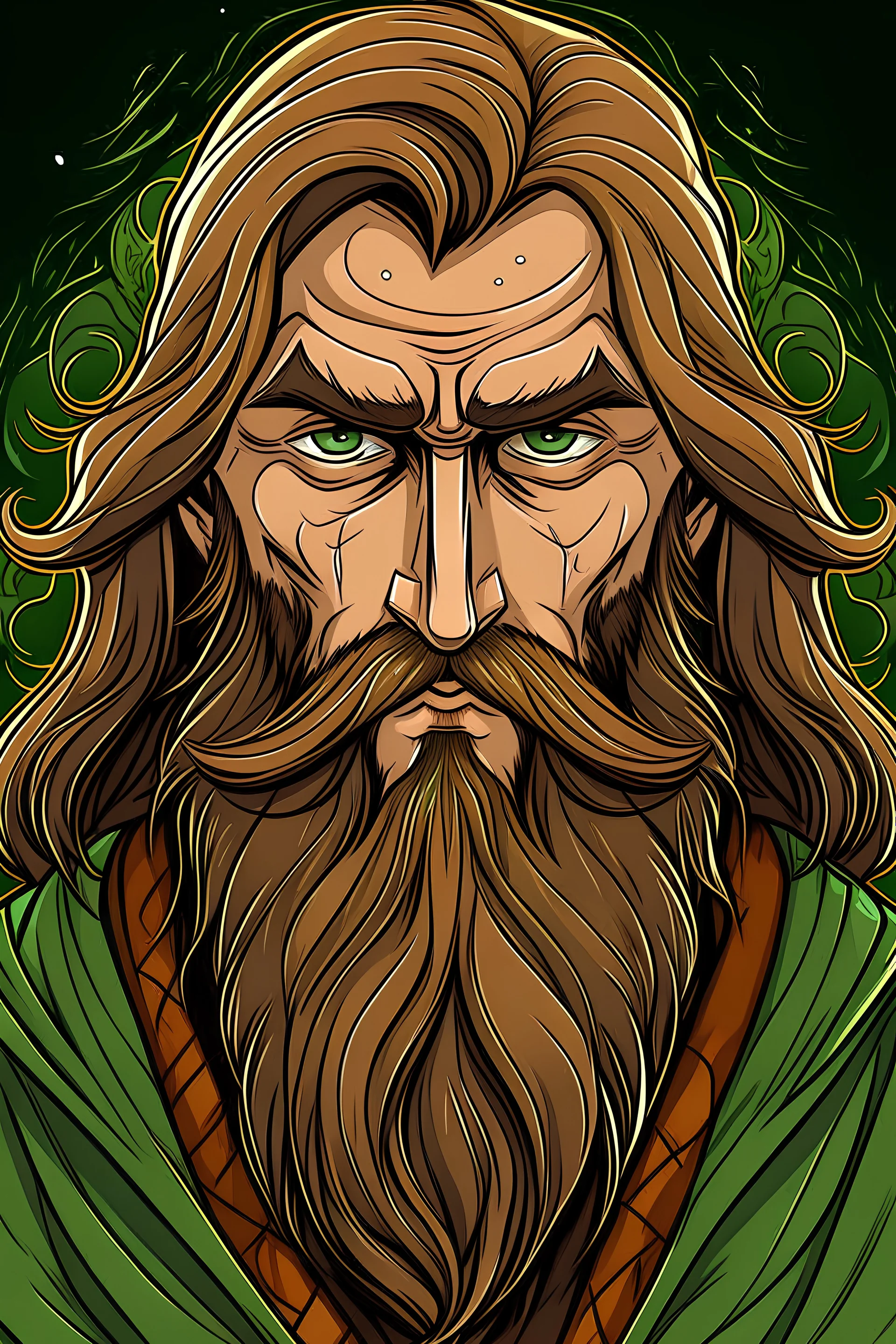 digital comic style, druid, noble face, green eyes, full beard, long hair