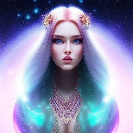 beautiful woman with long hair look the stars and northern aurora blue turquoise lights, blue, pink,